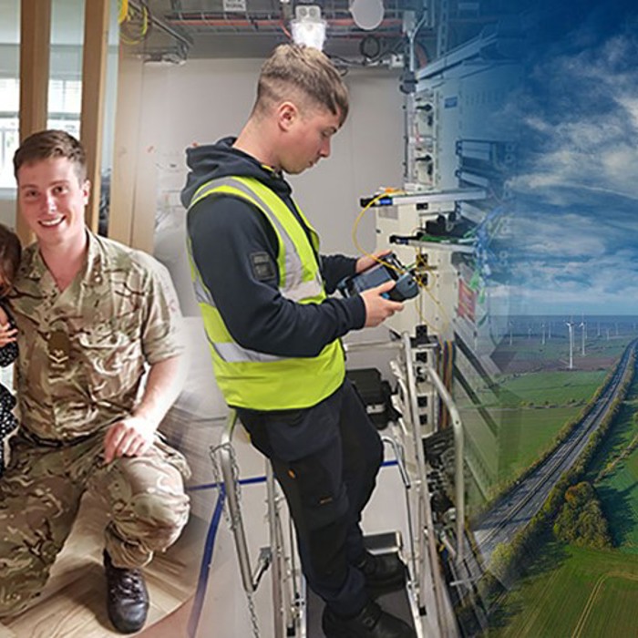 A man in military uniform poses with two children, another man in a high-visibility vest operates equipment, and a landscape with wind turbines is visible.