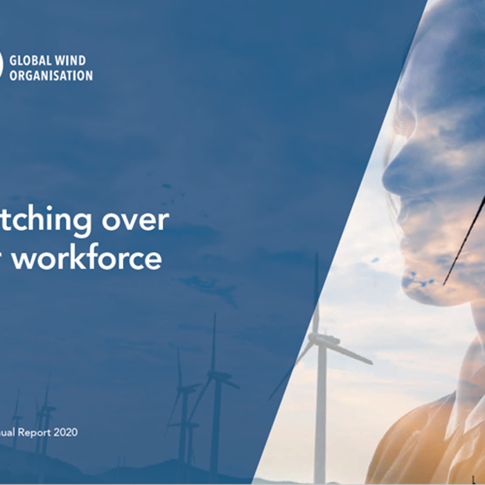 Cover of the GWO Annual Report 2020 with a wind turbine and a person's silhouette against a blue sky, accompanied by the text "Watching over our workforce". Logo of the Global Wind Organisation included.