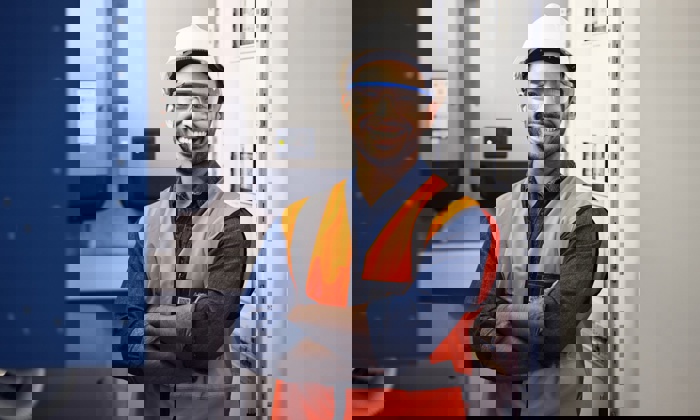 A smiling person in a hard hat, safety glasses, and an orange safety vest stands with arms crossed inside an industrial setting.