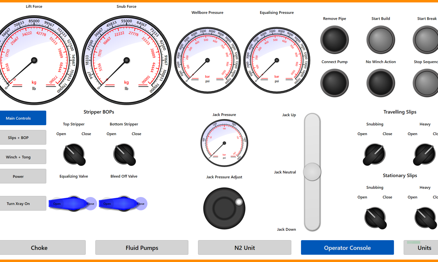 Control panel with various dials, gauges, and buttons, labeled for functions such as lift force, snub force, wellbore pressure, equalizing pressure, and jack pressure. Multiple switches and levers are present.
