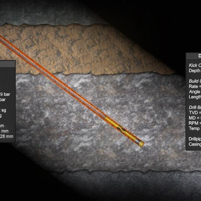 A depiction of oil drilling with technical data showing local and downhole information, including depths, pressures, angles, and equipment specifications.