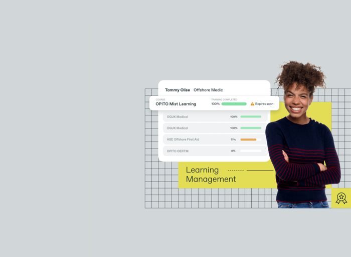 Young person smiling, standing next to a digital interface displaying completion stats for medical training modules. Background features a grid pattern and the words "Learning Management.