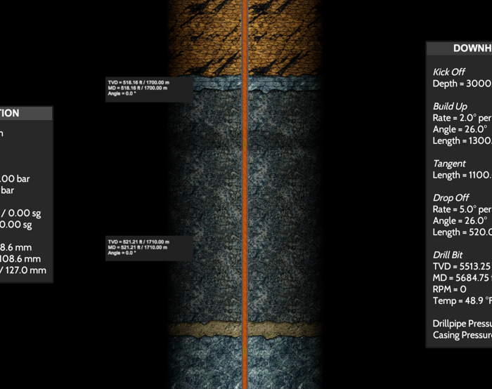 Cross-sectional diagram of a wellbore showing detailed local and downhole information such as total vertical depth (TVD), casing pressures, and drill specifications.