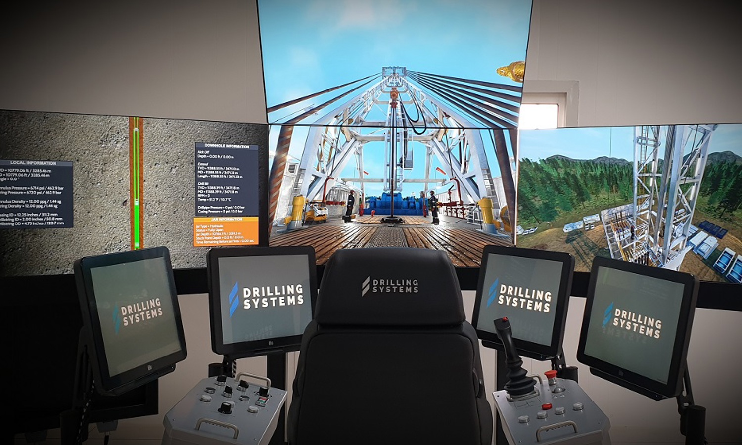 A simulator setup focused on drilling operations, featuring multiple screens displaying various drilling scenarios and control panels labeled "Drilling Systems.
