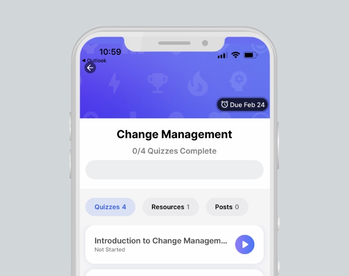 Smartphone screen displaying a "Change Management" course app. The interface shows 0/4 quizzes completed, with available tabs for quizzes, resources, and posts. The due date is set for Feb 24.