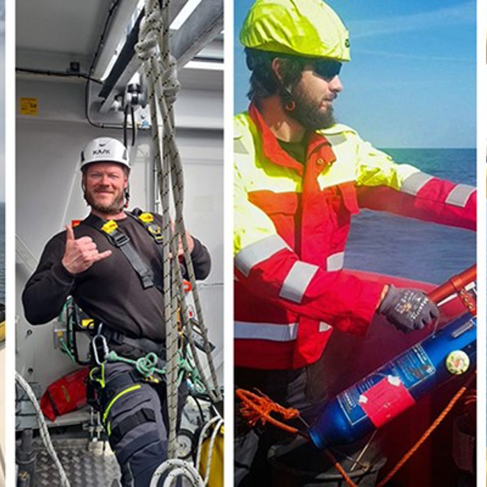 Four images show workers in safety gear performing various tasks at height, including maintenance and inspections on wind turbines and marine structures.