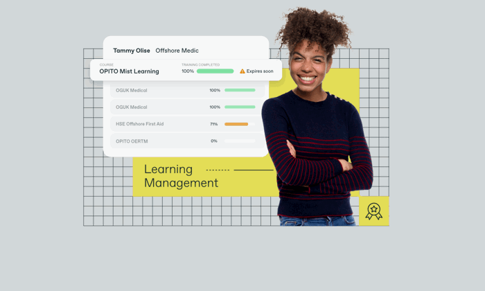 Person smiling with arms crossed. Overlay shows progress bars for medical training courses and certification. Background features a grid pattern with "Learning Management" text.